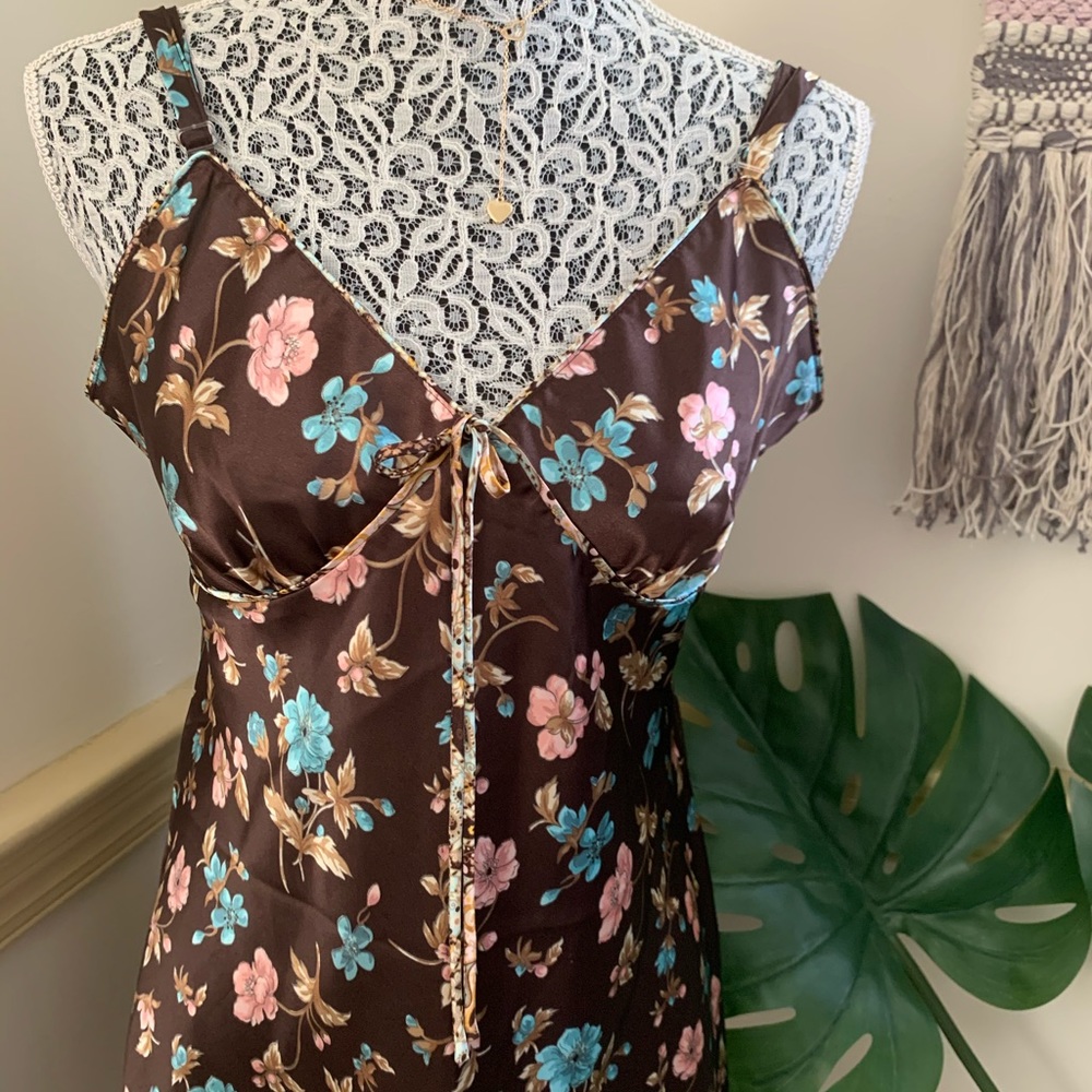 Vintage V-neck Brown Floral Slip Dress SZ L - Picture 7 of 12
